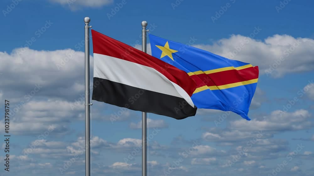 Democratic Republic of the Congo and Yemen flags flying together, video concept of the relationship, two country relations concept Democratic Republic of the Congo and Yemen flags flying together, video concept of the relationship, two country relations concept