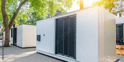 Row of modern battery energy storage units outdoor, renewable energy, clean technology concept photo