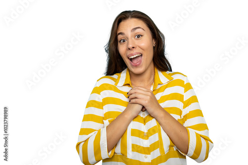 Excited young woman with a beaming smile and wide eyes photo