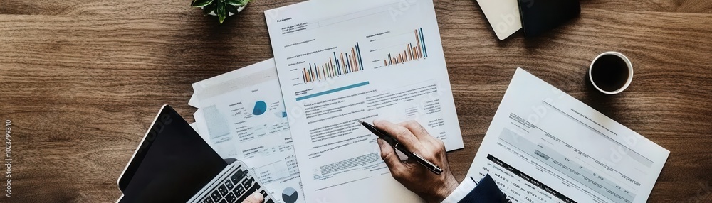Obraz premium Man Reviewing Financial Documents at Workspace