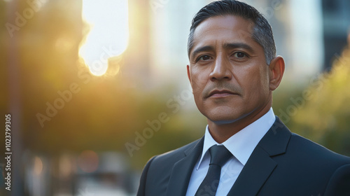 A man in a suit and tie stands in front of a building