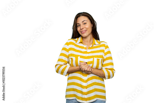 Happy young woman smiling brightly in a candid portrait photo