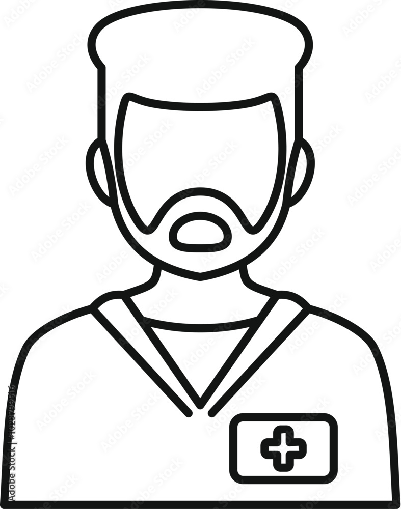 Simple line drawing of a bearded male nurse wearing scrubs with his badge clearly visible Simple line drawing of a bearded male nurse wearing scrubs with his badge clearly visible