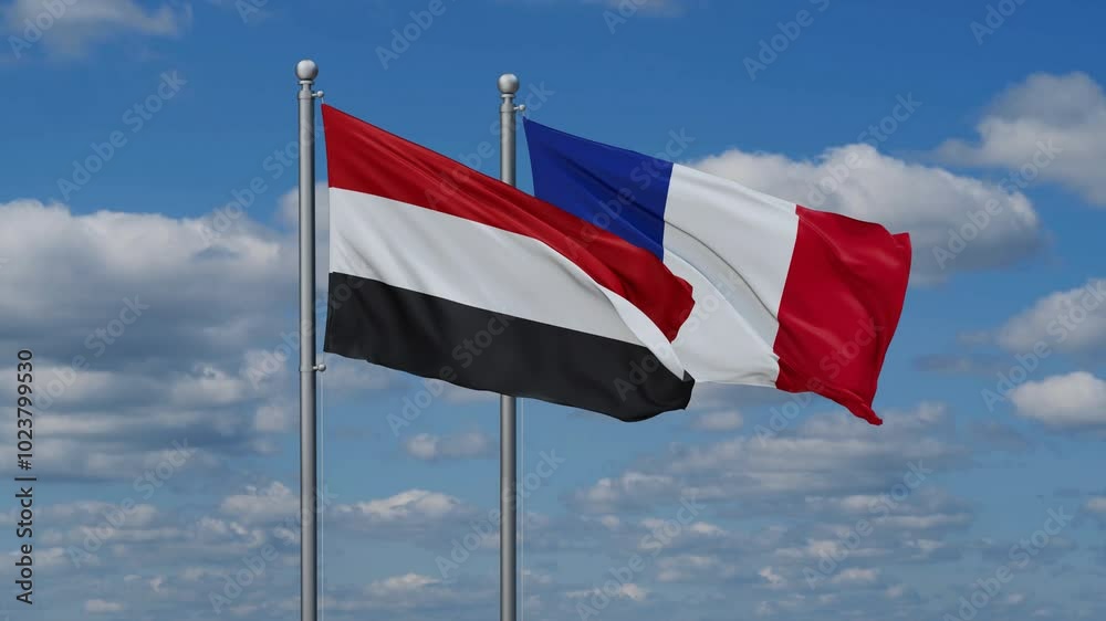 France and Yemen flags waving together, video concept of the relationship, two country relations concept France and Yemen flags waving together, video concept of the relationship, two country relations concept