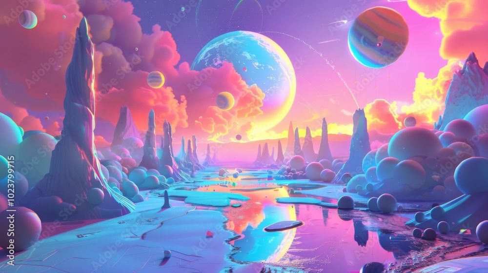 Fototapeta premium A colorful space scene with a large planet in the background and a river in the foreground. The sky is filled with clouds and the colors are vibrant