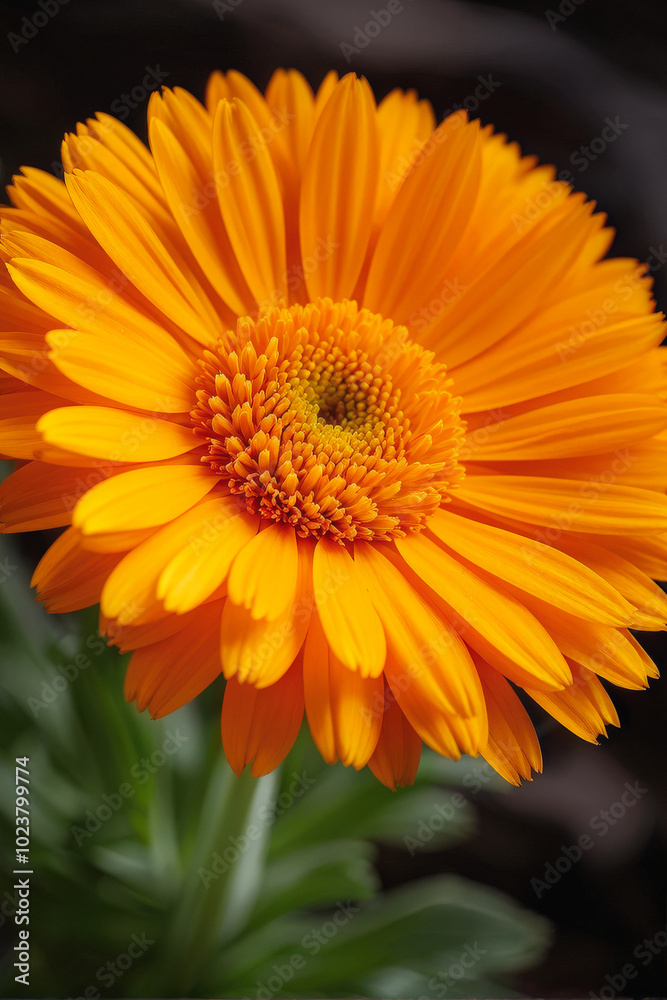 Macro close-up of a bright orange calendula flower in full bloom, highlighting its detailed petals and vibrant color. Perfect for nature and floral designs. Generative AI Macro close-up of a bright orange calendula flower in full bloom, highlighting its detailed petals and vibrant color. Perfect for nature and floral designs. Generative AI
