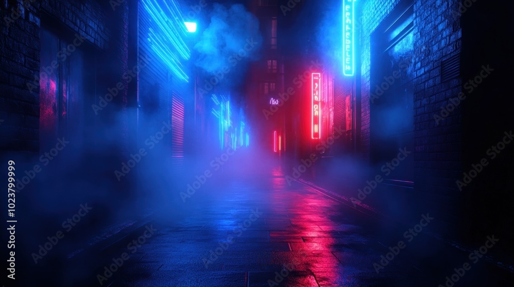 Naklejka premium A foggy, neon-lit alleyway in a city at night, with glowing signs and blue and red light.