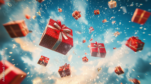 Decorated cardboard boxes with New Year's gifts fall and fly from the sky
