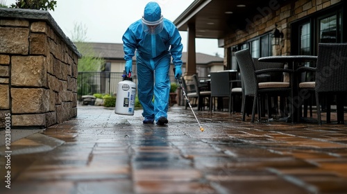 A worker is sanitizing the patio of a restaurant while it is raining outside