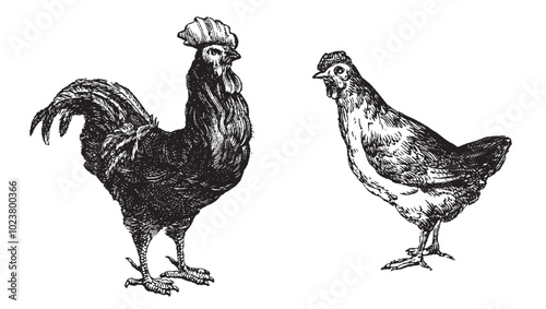 Farm Animal. Organic food. Engraved Chicken, Rooster, Hen. Poultry. Hand drawn poultry in an engraving style. Menu, restaurant, packaging in markets and shops. Vector vintage illustrations.