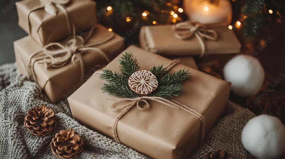 Christmas gift box in craft paper on a background of glowing garlands. wooden background. Christmas background with fir branches in rustic style