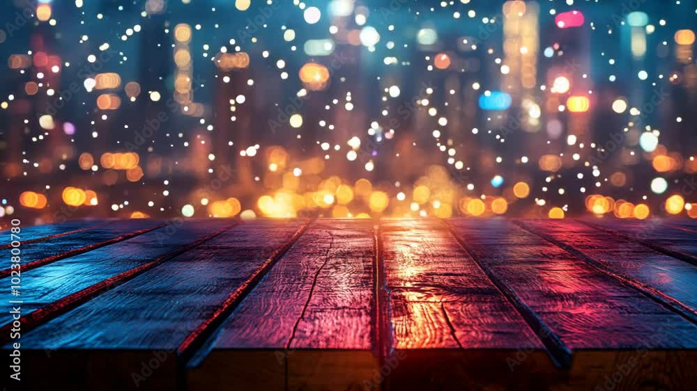 A city skyline with a wooden table in the foreground. The table is wet and the lights of the city are reflected on it A city skyline with a wooden table in the foreground. The table is wet and the lights of the city are reflected on it