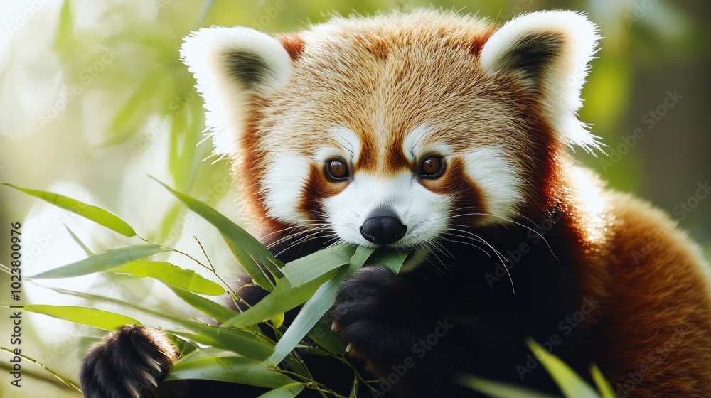 Fototapeta premium A red panda eats bamboo leaves while looking directly at the camera.