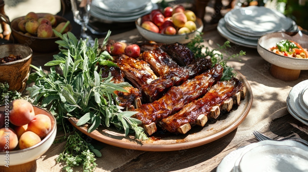 Savory Barbecue Ribs on a Rustic Wooden Table Savory Barbecue Ribs on a Rustic Wooden Table