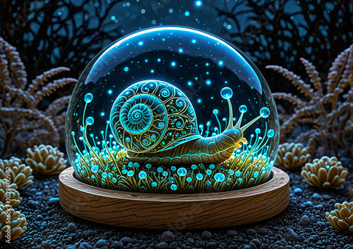 Mysterious snail in a glowing glass ball at night.