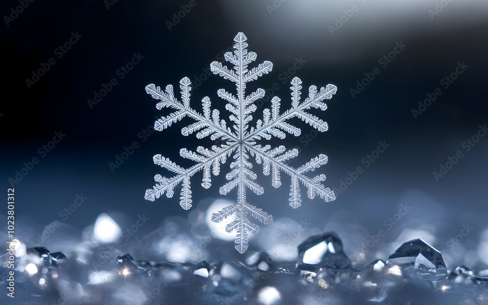 Elegant Snowflake Macro Icy Crystals Against Black Background Elegant Snowflake Macro Icy Crystals Against Black Background