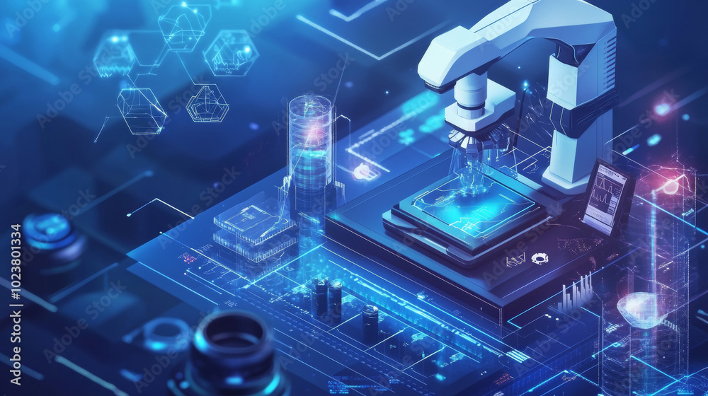 The future of healthcare is digital. This image shows how modern technology is changing medicine, with innovative treatments and research. The blue background symbolizes a high-tech future. The future of healthcare is digital. This image shows how modern technology is changing medicine, with innovative treatments and research. The blue background symbolizes a high-tech future.
