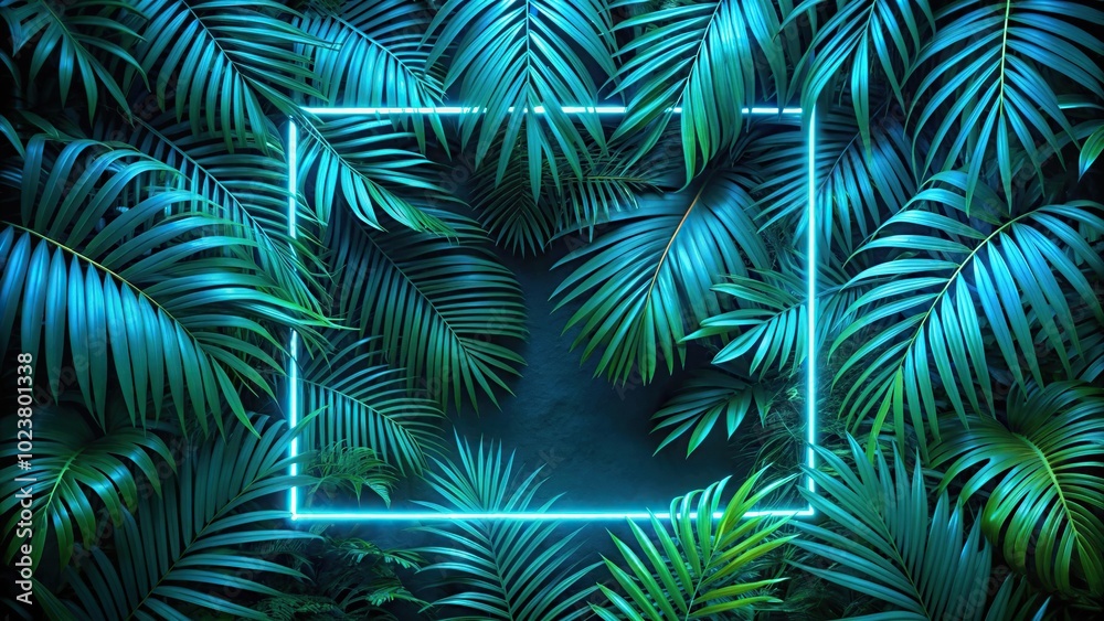 Minimalist glowing rainforest neon blue frame casting light on green tropical leaves against dark backdrop Minimalist glowing rainforest neon blue frame casting light on green tropical leaves against dark backdrop