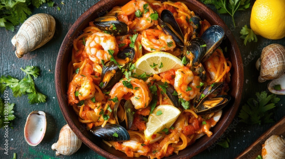 Delicious Seafood Pasta in Rustic Bowl with Herbs Delicious Seafood Pasta in Rustic Bowl with Herbs