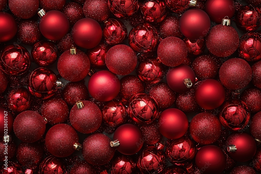 Top view of photo where there are many Christmas tree balls of red decorations, the concept of the new year Top view of photo where there are many Christmas tree balls of red decorations, the concept of the new year