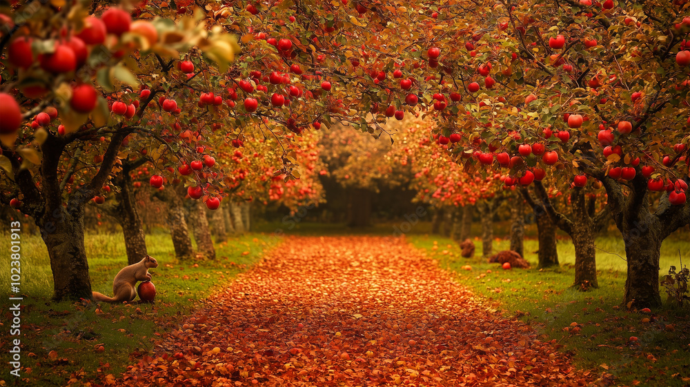 Naklejka premium 秋の果樹園で活動するリス