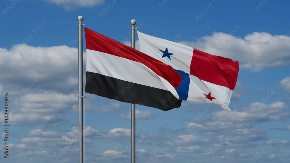 Panama and Yemen flags flying together, video concept of the relationship, two country relations concept Panama and Yemen flags flying together, video concept of the relationship, two country relations concept
