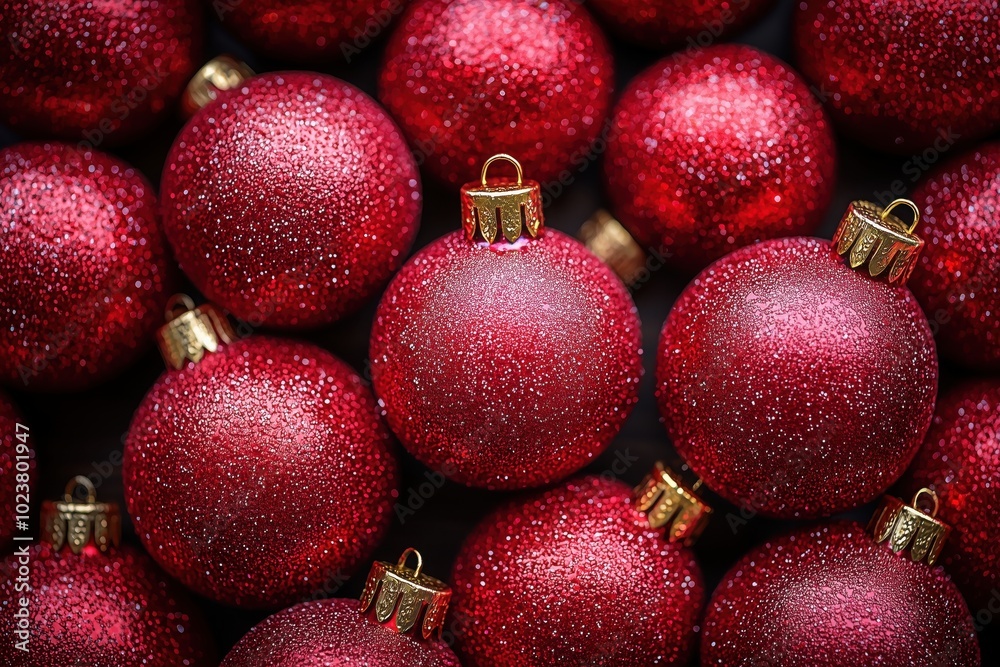a lot of Christmas decorations of red and shiny balls