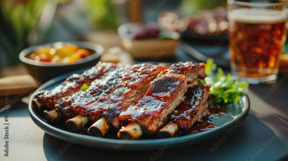 Savory Grilled Ribs with Fresh Garnish and Drink Savory Grilled Ribs with Fresh Garnish and Drink