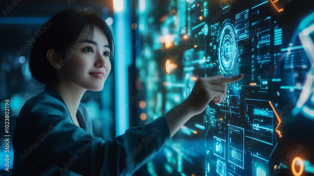 未来のホログラフィックインターフェースを操作する若い女性エンジニア 未来のホログラフィックインターフェースを操作する若い女性エンジニア