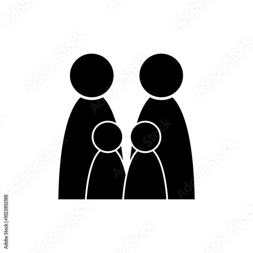 Vector icon full family, parents and two children. Avatar for social network. Pointer design. Black simplified silhouette on white background