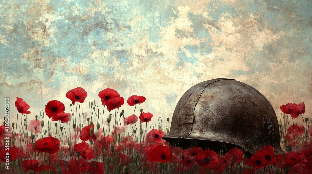 Artistic representation of a soldier helmet merged with a field of red poppies, symbolizing remembrance. Artistic representation of a soldier helmet merged with a field of red poppies, symbolizing remembrance.