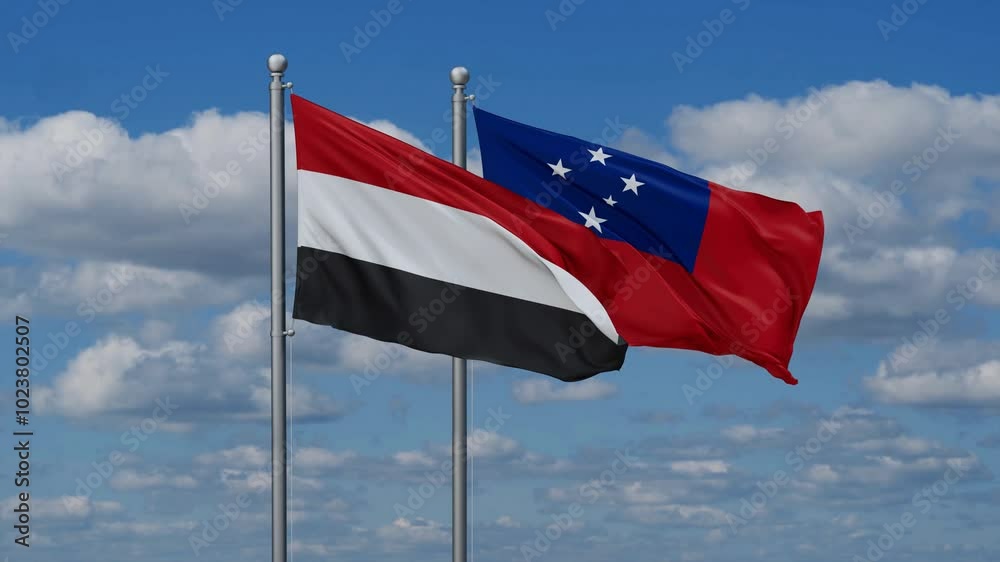 Samoa and Yemen flags flying together, video concept of the relationship, two country cooperation concept Samoa and Yemen flags flying together, video concept of the relationship, two country cooperation concept