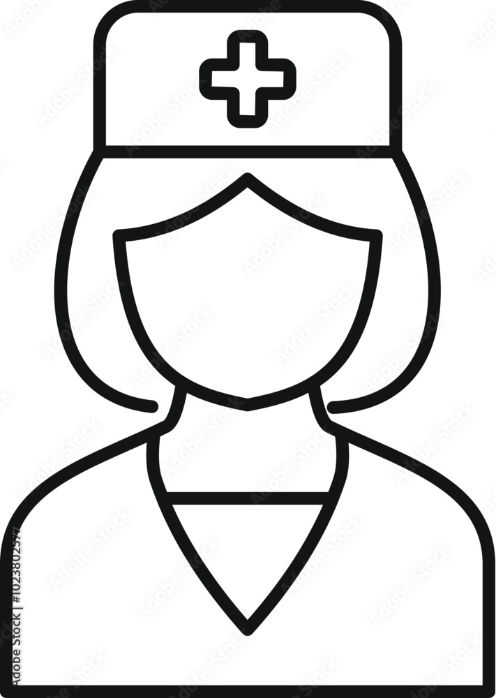 Simple line drawing of a female healthcare worker wearing a scrub top and nurse's hat with a medical cross on it Simple line drawing of a female healthcare worker wearing a scrub top and nurse's hat with a medical cross on it