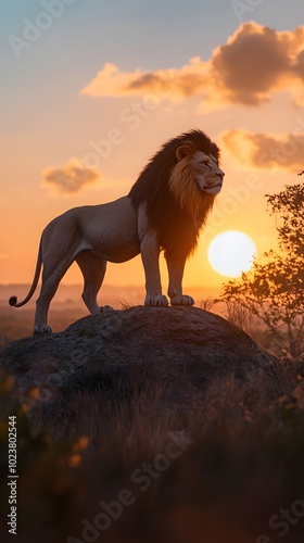 Lion Posing, On the Edge and Ridge of a Large Rock, with Sunset, Lion King Style, Photo Realistic, Standard Background, Wallpaper, Cover and Screen for Smartphone, PC, Laptop, 9:16 and 16:9 Format