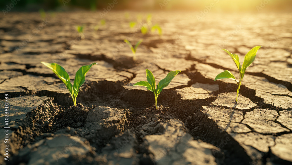 Dried cracked earth under the sun, with green plants sprouting from cracks in the dry soil, symbolizing hope and resilience.