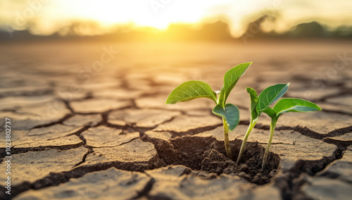 Dried cracked earth under the sun, with green plants sprouting from cracks in the dry soil, symbolizing hope and resilience.