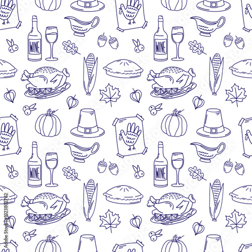 Thanksgiving day line seamless pattern with turkey, pumpkins, wine, pie, corn, cranberry sauce, leaves, pilgrim hat. Autumn vector hand drawn white background. November
