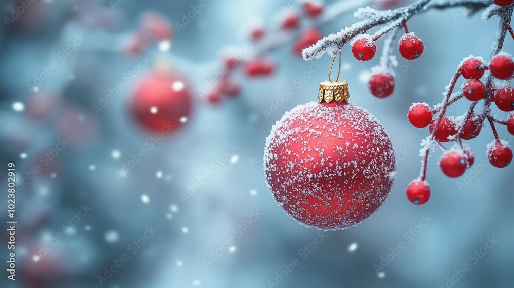christmas and new year holidays concept. Red balls on fir branches, winter snowy backdrop. festive winter season background. template for design. banner, copy space christmas and new year holidays concept. Red balls on fir branches, winter snowy backdrop. festive winter season background. template for design. banner, copy space