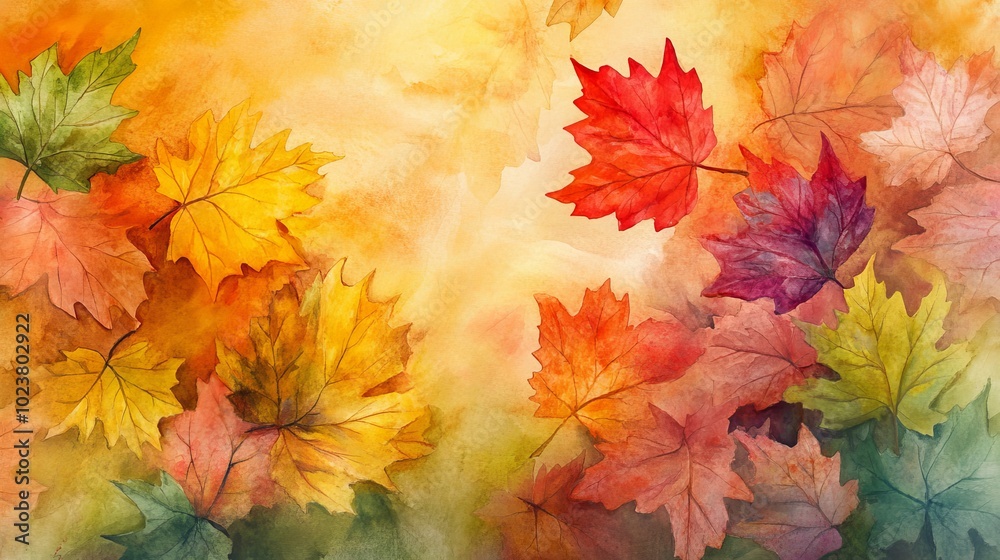 A painting of autumn leaves with a yellow background A painting of autumn leaves with a yellow background