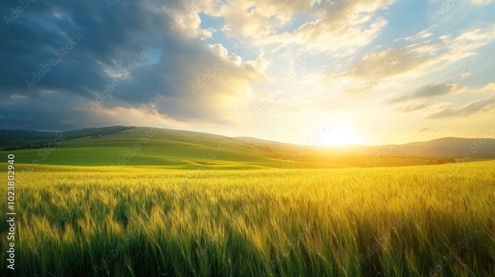 Golden wheat field at sunset with dramatic sky and rolling hills. Golden wheat field at sunset with dramatic sky and rolling hills.