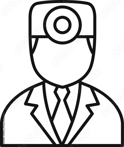 Simple line drawing of a medical doctor wearing a head mirror and a suit