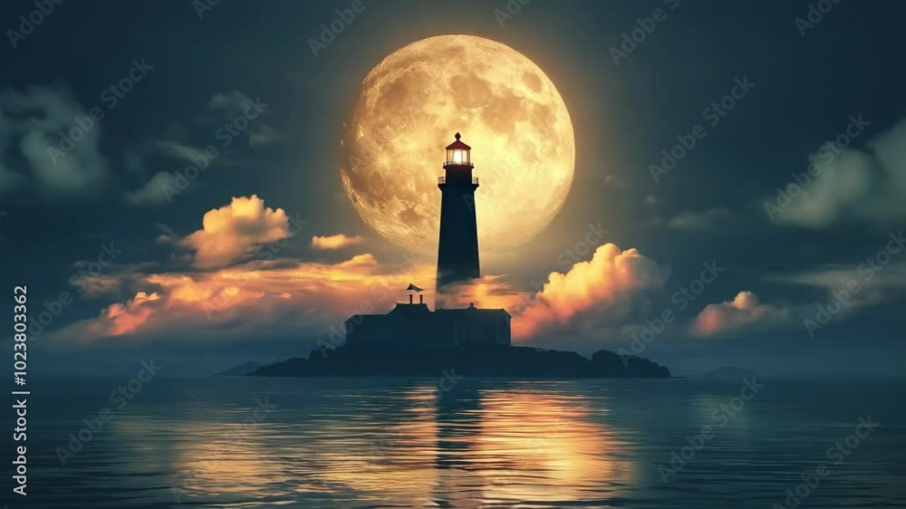 A lighthouse is lit up in the dark with a full moon in the background. The scene is serene and peaceful, with the lighthouse standing out against the dark sky and the moon reflecting on the water A lighthouse is lit up in the dark with a full moon in the background. The scene is serene and peaceful, with the lighthouse standing out against the dark sky and the moon reflecting on the water