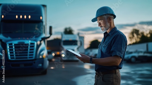 A truck driver stands in a freight yard, using a tablet to check shipment information at dusk