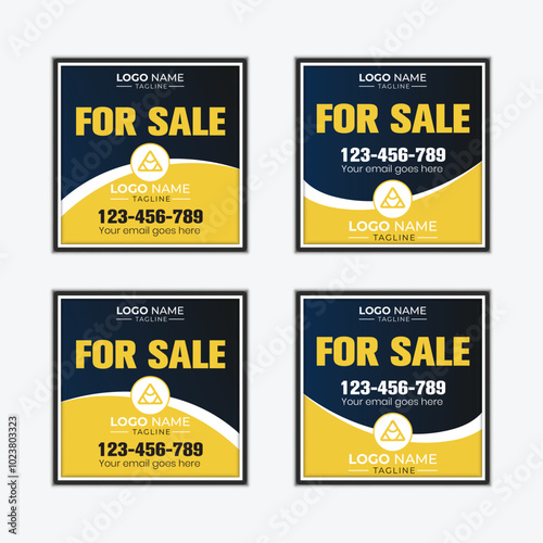 Professional, creative, modern-style real estate signboard or signage for sale, announcement, promotion, or advertisement sign in black and yellow.