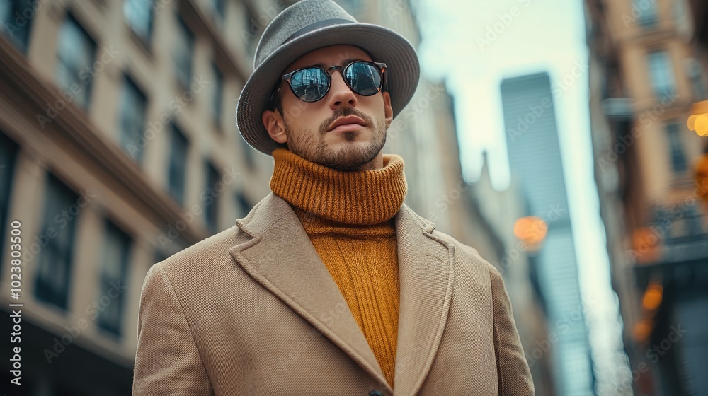Stylish Man in Urban Setting Wearing a Hat and Sunglasses Stylish Man in Urban Setting Wearing a Hat and Sunglasses