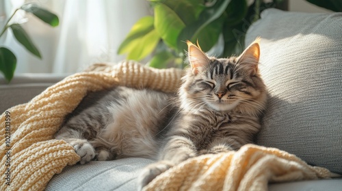 Cozy Cat Relaxing on Sofa in Sunlit Room with Knitted Blanket and Green Plants photo