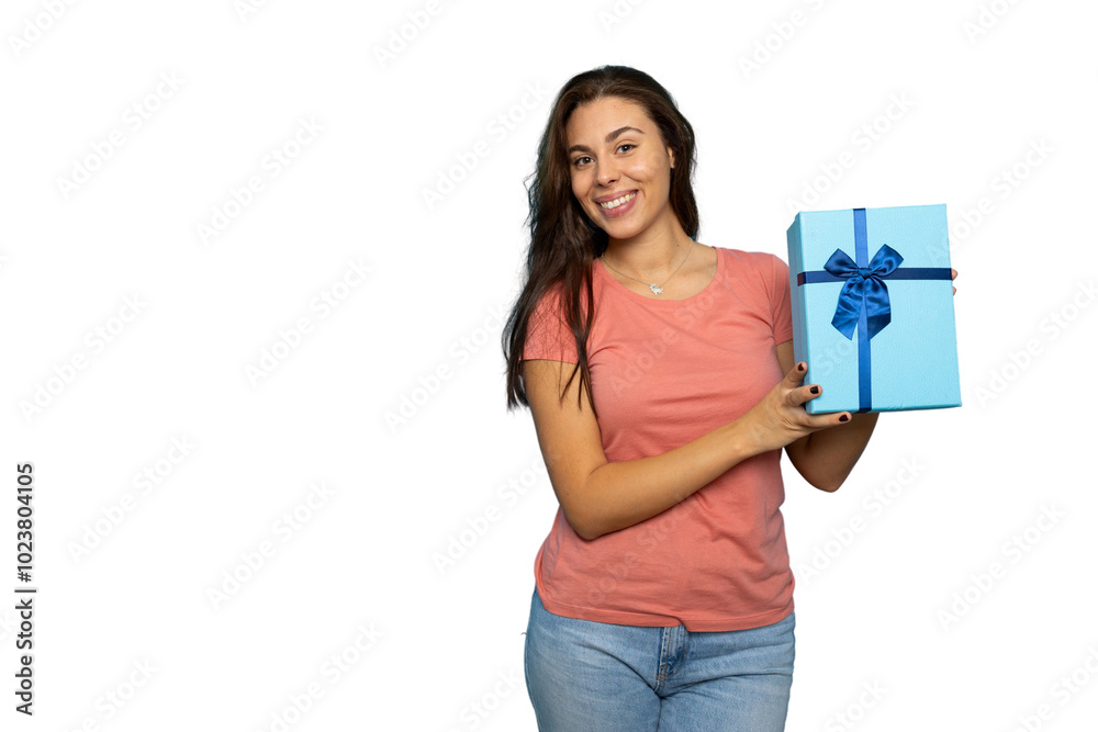 Young woman smiling while presenting a beautifully wrapped gift Young woman smiling while presenting a beautifully wrapped gift