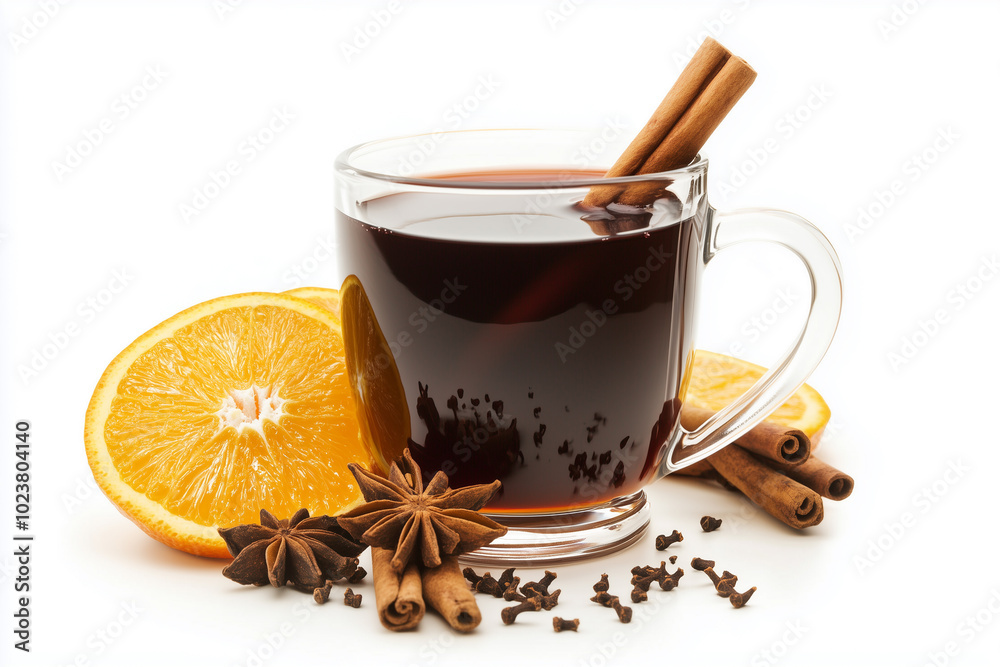 Steaming mug of mulled wine garnished with cinnamon stick and orange slice isolated on a white background Steaming mug of mulled wine garnished with cinnamon stick and orange slice isolated on a white background