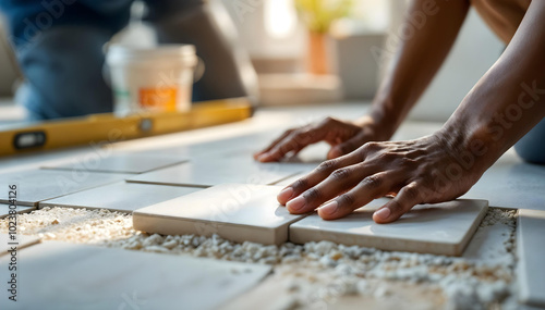 Close-up of hands carefully placing ceramic tile on floor. DIY home renovation project showcasing precision and attention to detail. Sunlit workspace with tools, spirit level and adhesive bucket.