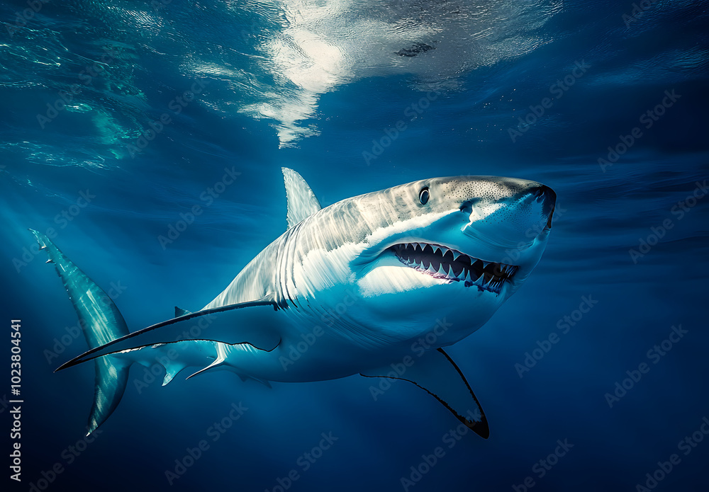 Great white shark in deep blue water. Great white shark in deep blue water.
